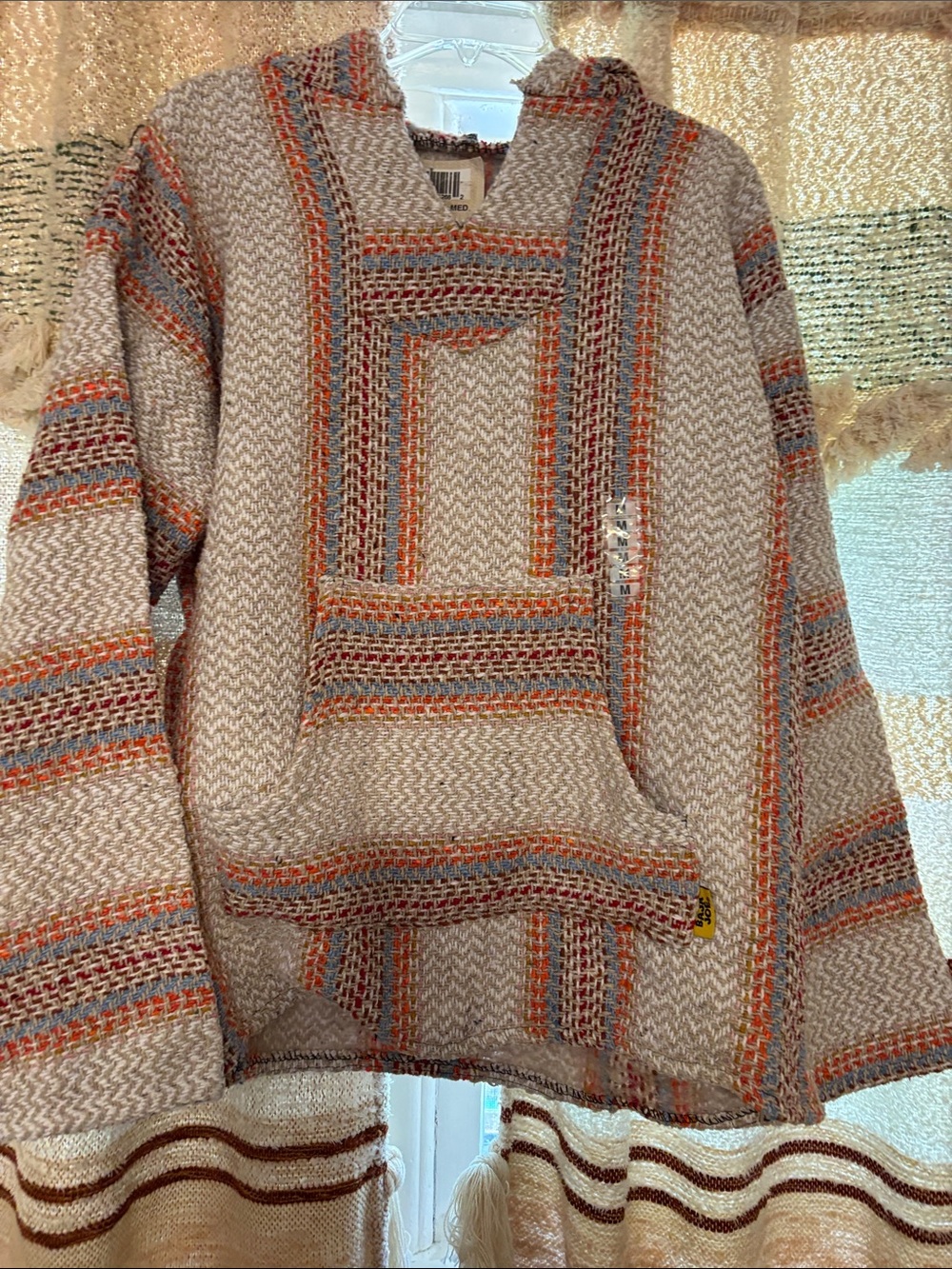 Woven Stripe Baja Hoodie Jacket - Cream with Orange & Blue Accents
